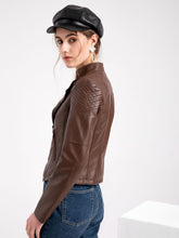 Load image into Gallery viewer, Women‘s Leather Jacket Weave Long Sleeve Winter Coat