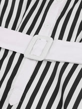 Load image into Gallery viewer, Beetlejuice Costume Black and White Vertical Stripe Swing Dress With Tie