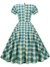 Load image into Gallery viewer, Green Plaid Peter Pan Collar Hepburn Style Puff Short Sleeved Elegant 1950S Swing Dress