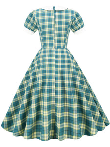 Green Plaid Peter Pan Collar Hepburn Style Puff Short Sleeved Elegant 1950S Swing Dress