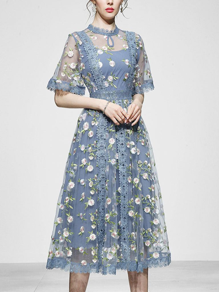 Blue Embroidery Daisy Lace Neck Maxi Dress, Blue / Xs