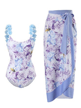 Load image into Gallery viewer, Floral Print Flower Strap One Piece With Bathing Suit Wrap Skirt