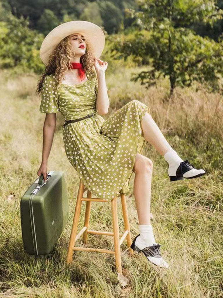 Green Daisy Puff Sleeve Smocking Chiffon 1950S Vintage Dress – Jolly Vintage