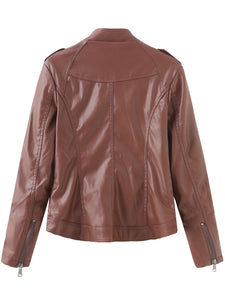 Brown Long Sleeve PU Leather Soft Jacket For Women