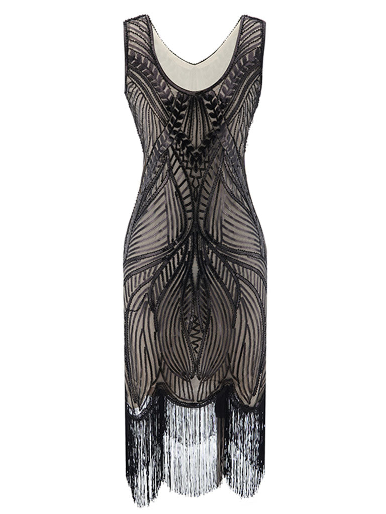 1920s Fringed Sequin Gatsby Flapper Dress, Apricot / S
