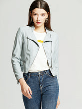 Load image into Gallery viewer, Women‘s Pu Leather Jacket Soft Blue Long Sleeve Coat