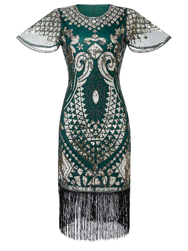 short sleeve flapper dress Set Roaring 20s 1920s Knee Length Flapper Dress Cocktail Dress Fancy Costume  with Accessories Short Sleeves The Great Gatsby Flapper Girl Sequins Tassel  Fringe V Neck Fancy Dress Women's Christmas 2026