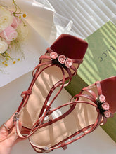 Load image into Gallery viewer, Women&#39;s Low Heel Sandals Square Toe Rose Leather Vintage Shoes