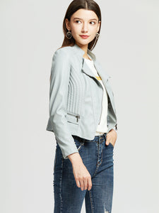 Women‘s Pu Leather Jacket Soft Blue Long Sleeve Coat