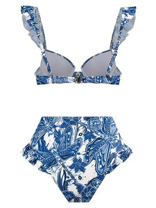 Blue Floral Print Retro Style Strap Bikini Two Piece With Bathing Suit Swing Skirt