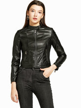 Load image into Gallery viewer, Women‘s Pu Leather Jacket Stand Collar Long Sleeve Coat