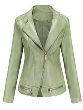 Load image into Gallery viewer, Light Green Long Sleeve PU Leather Motorcycle Jacket For Women