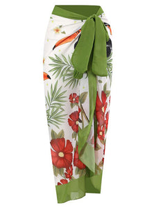Floral Print Retro Style V Neck One Piece With Bathing Suit Wrap Skirt
