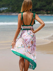 Floral Print Retro Style V Neck One Piece With Bathing Suit Wrap Skirt