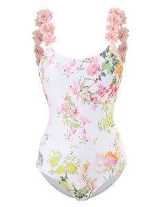 Floral Print Flower Strap One Piece With Bathing Suit Wrap Skirt