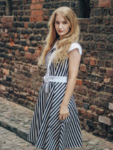 Load image into Gallery viewer, Beetlejuice Costume Black and White Vertical Stripe Swing Dress With Tie