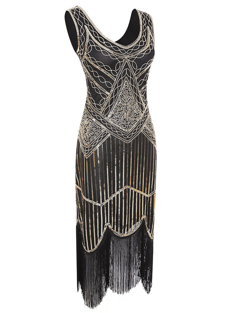 Black Gold 1920s V Neck Sequined Flapper Dress, Black Gold / S