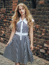 Load image into Gallery viewer, Beetlejuice Costume Black and White Vertical Stripe Swing Dress With Tie