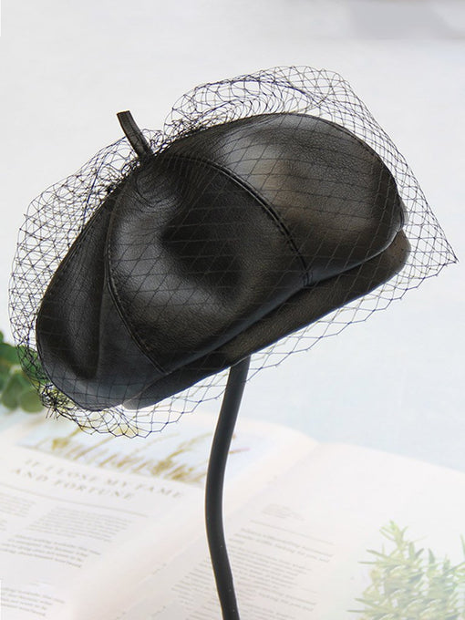 Black Faux Leather Beret Hat Cap With Veil