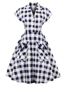 Blue White 1950s Pockets Plaid Dress