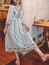 Load image into Gallery viewer, Women&#39;s Bohemian Floral Embroidered V Neck 3/4 Flared Sleeves Boho Dress