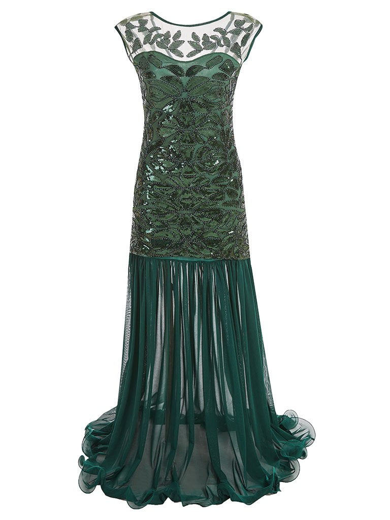 Green 1920s Maxi Sequined Flapper Dress Set, Green / M Green 1920s Maxi Sequined Flapper Dress Set, Green / M