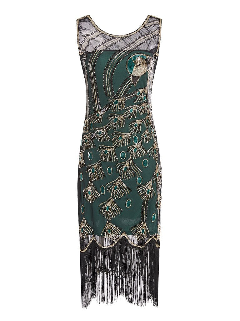Green Peacock Feather Embroidered 1920S Gatsby Sequined Flapper Dress Set Apricot / S Green Peacock Feather Embroidered 1920S Gatsby Sequined Flapper Dress Set Apricot / S