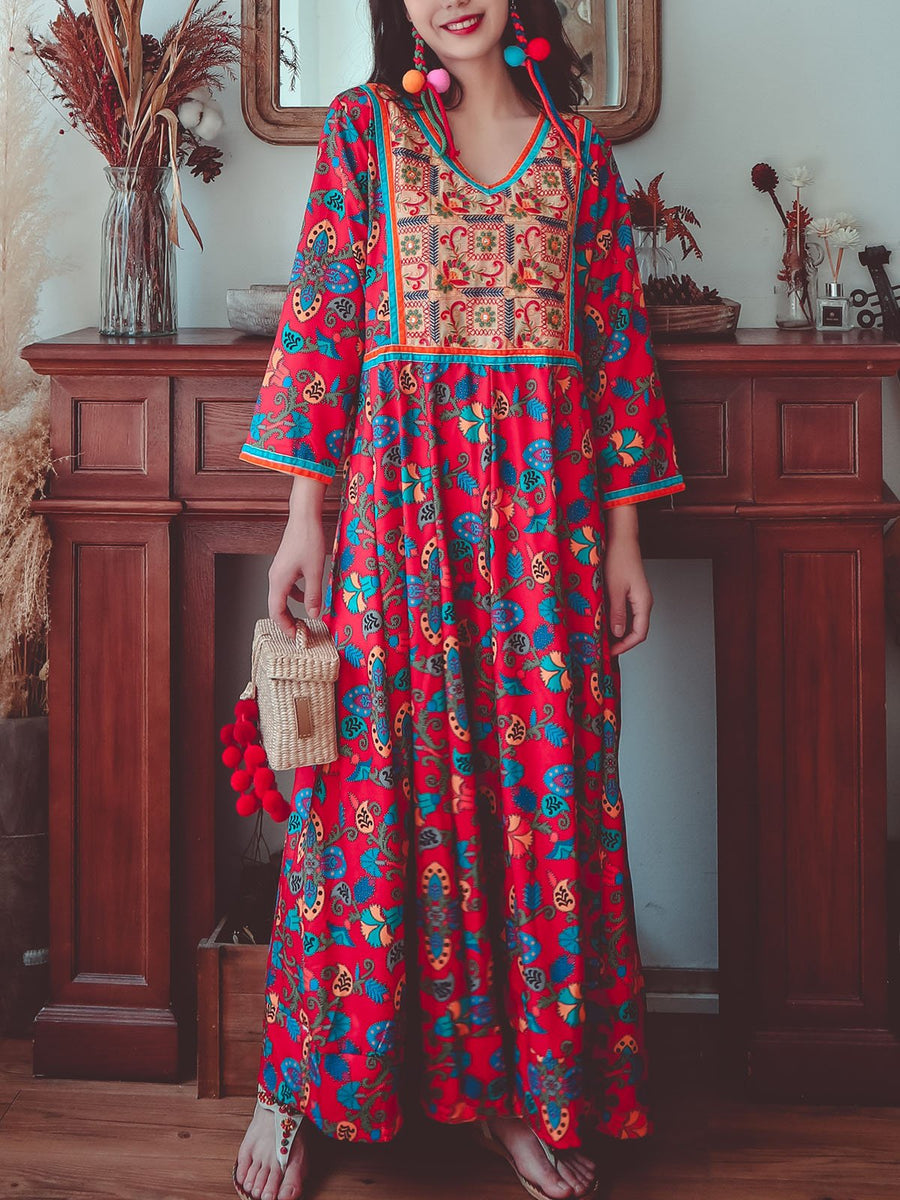 Jolly Vintage Women's Embroidered Printed Floral V Neck Long Sleeves Boho Maxi Dress, Orange / M