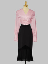 Load image into Gallery viewer, 2PS Pink V Neck Navy Sweet Style Shirt And Black Mermaid Skirt Suit