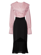 Load image into Gallery viewer, 2PS Pink V Neck Navy Sweet Style Shirt And Black Mermaid Skirt Suit