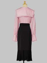 Load image into Gallery viewer, 2PS Pink V Neck Navy Sweet Style Shirt And Black Mermaid Skirt Suit