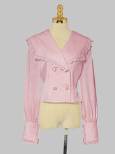 Load image into Gallery viewer, 2PS Pink V Neck Navy Sweet Style Shirt And Black Mermaid Skirt Suit