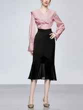 Load image into Gallery viewer, 2PS Pink V Neck Navy Sweet Style Shirt And Black Mermaid Skirt Suit