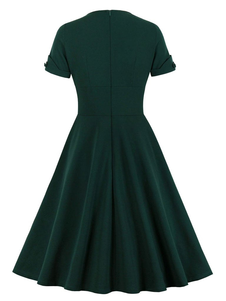 Dark Green V Neck Short Sleeve 50S Vintage Dress, Dark Green / XL Dark Green V Neck Short Sleeve 50S Vintage Dress, Dark Green / XL