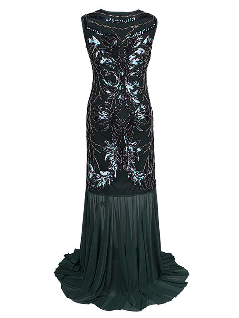 1920s Sequin Gatsby Maxi Dress, Dark Green / L