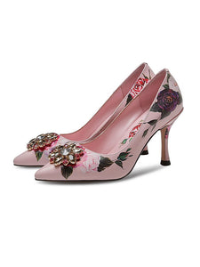 Rose Print Rhinestone Stiletto Heel Vinatge Shoes