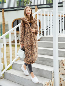 Faux Fur Coat Women Leopard Hooded Long Sleeve Oversized Winter Coat 