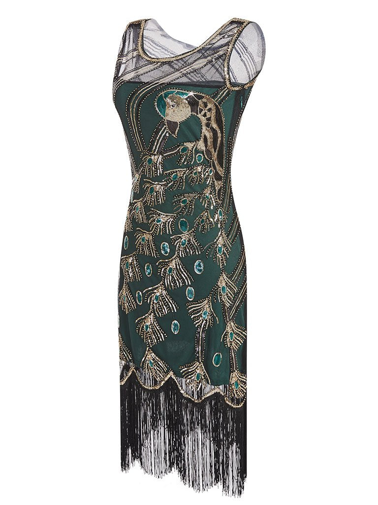 Green Peacock Feather Embroidered 1920S Gatsby Sequined Flapper Dress Set Apricot / S Green Peacock Feather Embroidered 1920S Gatsby Sequined Flapper Dress Set Apricot / S