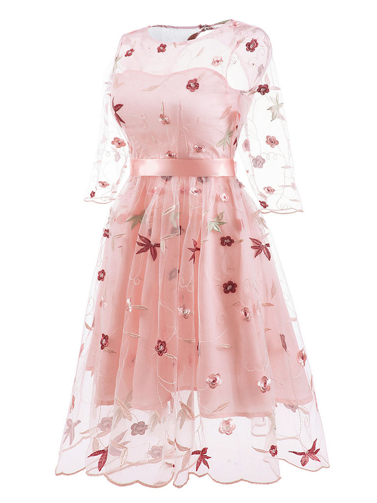 Round Collar Solid Color Embroidered Flower A line Vintage Maxi Dress