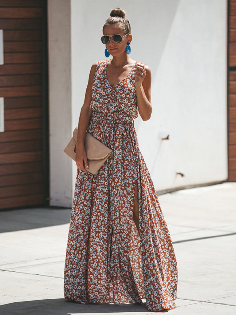 Women's Boho Dress Floral Printed Sexy V Neck Summer Maxi Dresses Sleeveless Women's Boho Dress Floral Printed Sexy V Neck Summer Maxi Dresses Slee –  Jolly Vintage