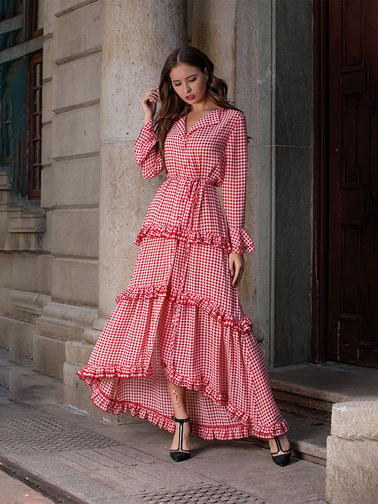 Women's Boho Dress Red Plaid Splid Ruffles Peplum Maxi Dress Cake Dress, Red / XL Women's Boho Dress Red Plaid Splid Ruffles Peplum Maxi Dress Cake Dress, Red / XL