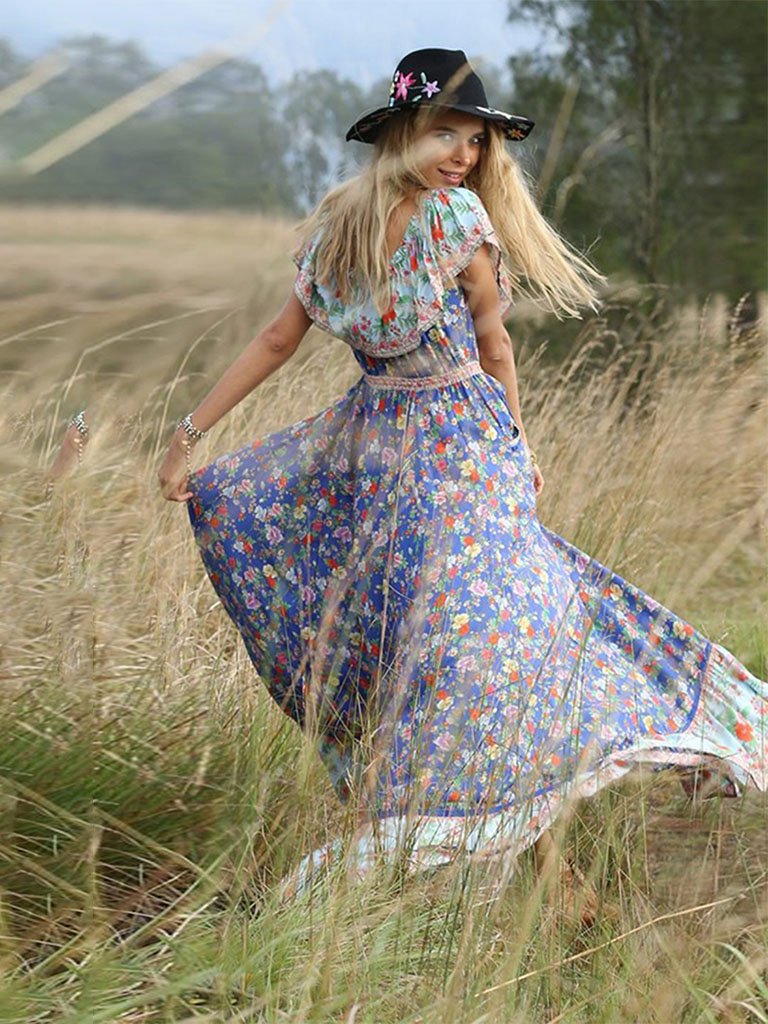 Women's Summer Boho Dress Floral Printed V Elastic Band Collar Beach M –  Jolly Vintage