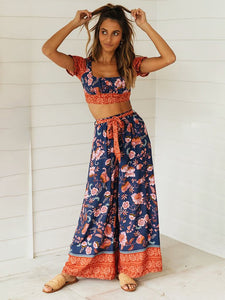 2 Pieces Boho Outfits Cropped Floral Printed Beach Wear For Women