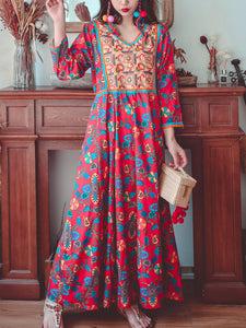 Jolly Vintage Women's Embroidered Printed Floral V Neck Long Sleeves Boho Maxi Dress