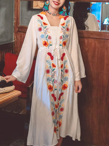 Jolly Vintage Women's Embroidered Floral Long Sleeves Square Neck Boho Dress