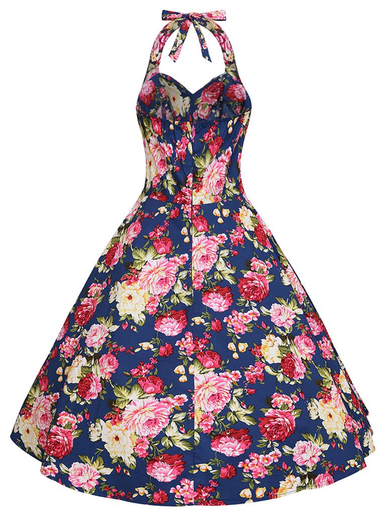 Sweet Floral Halter Cotton 50s Swing Dress, Navy / XS Sweet Floral Halter Cotton 50s Swing Dress, Navy / XS