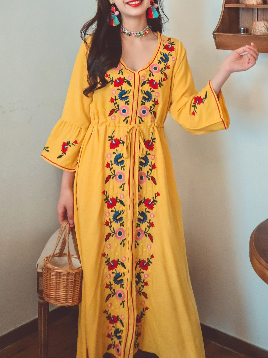 Jolly Vintage Bohemian V Neck Embroidered Floral Flared Long Sleeve Bo