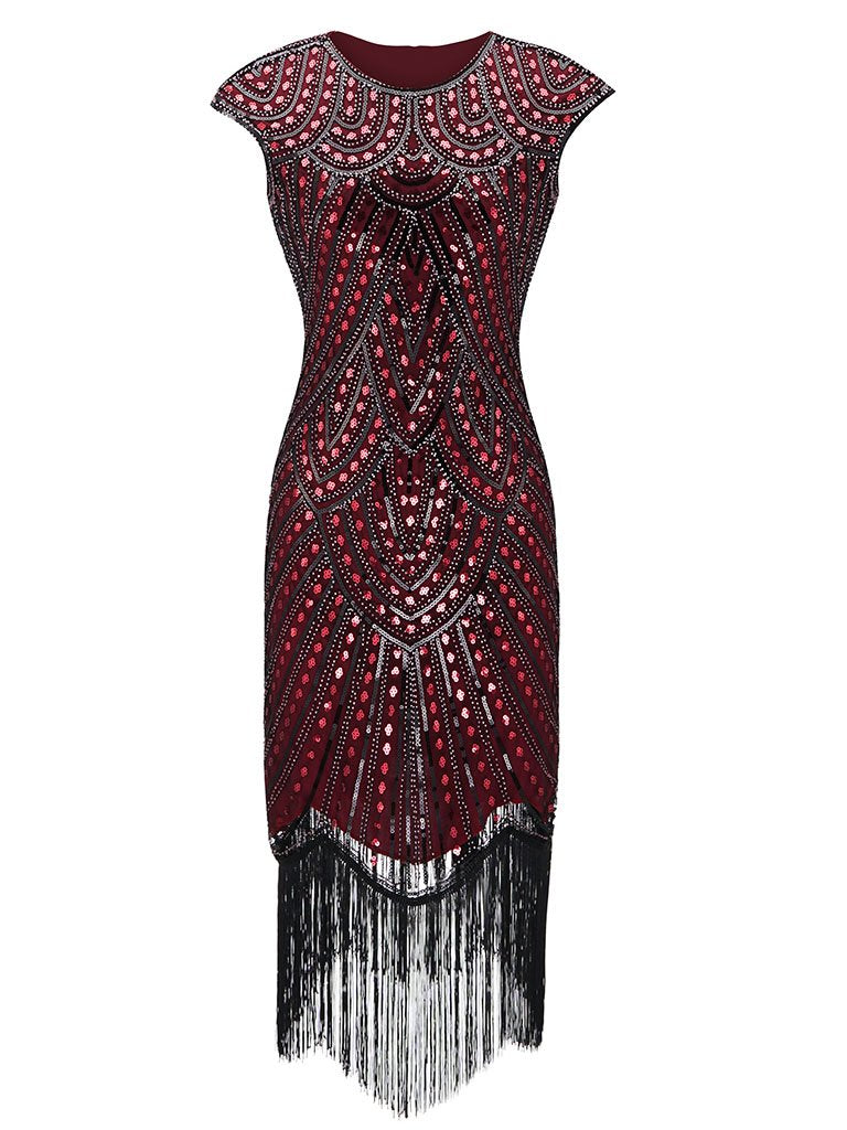 Women's Flapper Dresses 1920s Vintage Beaded Fringed Great Gatsby Dress with Sleeve Roaring 20s - Wine XL Women's Flapper Dresses 1920s Vintage Beaded Fringed Great Gatsby Dress with Sleeve Roaring 20s - Wine XL
