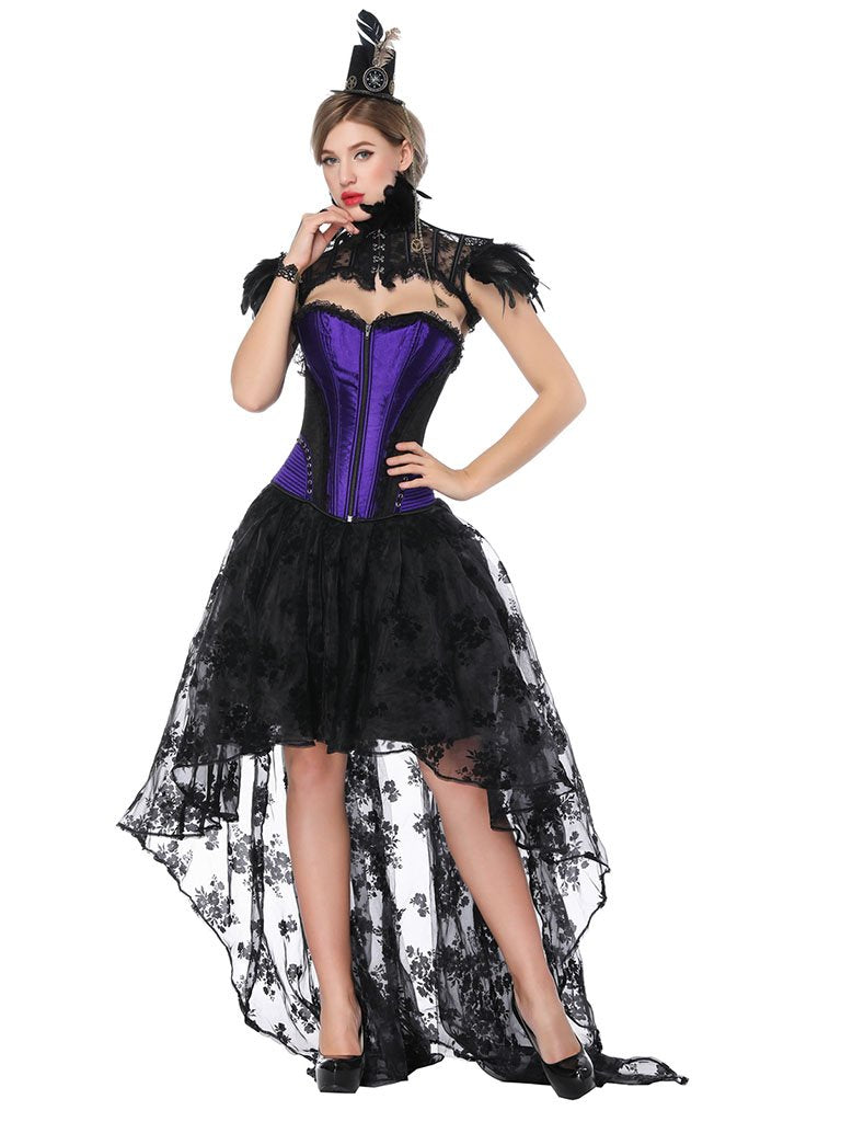 Gothic Costume Halloween Purple Strapless Asymmetrical Skirt and Corset, White Corset + Black Skirt / M