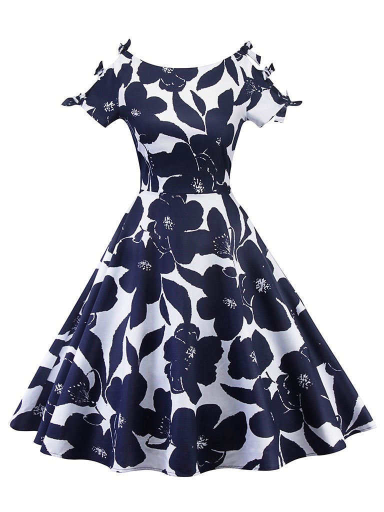 Floral Print Cut Out Bows Short Sleeve A Line Vintage Dress, Navy / L Floral Print Cut Out Bows Short Sleeve A Line Vintage Dress, Navy / L